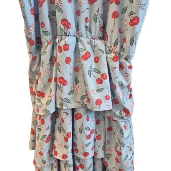Belle Pogue Women's Baby Blue & Red Cherry Print Poly/Spandex Retro Lined Halter - Picture 7 of 13